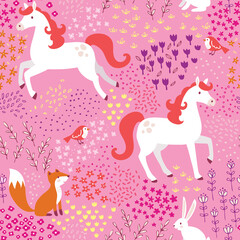 Ponies, foxes, rabbits, and birds repeat seamlessly agains a delicious pink background dappled with flowers. Seamless vector patterns are great for surface designs and backgrounds.