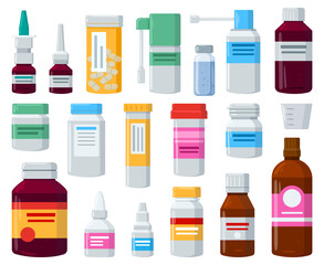 Cartoon medical drugs, pill containers or vitamin plastic bottles. Pharmaceutical containers with capsules, painkillers, vitamins vector illustration set. Medicinal bottles