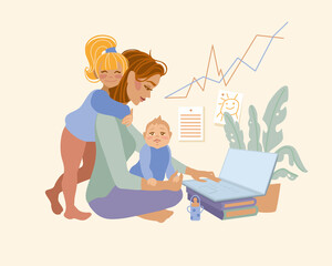 Mother with baby in her arms works online. Working mom.   Remote work. Freelance.
