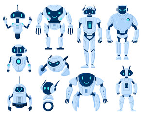 Cartoon robots, cyborg machine artificial intelligence characters. Digital cyborgs and modern technology machines vector illustration set. Robot cartoon characters