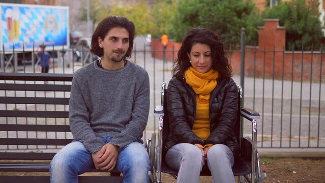 embarrassment, shyness-undecided man on a first date with a disabled woman