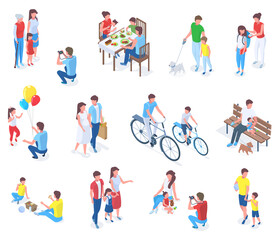 Isometric family with kids, parenting daily or holiday activities. Adults and elders spending time with children vector illustration set. Child care and affection scenes