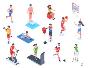 Fototapeta na wymiar Isometric people do sports, boxing, golf and fitness. Characters do outdoor and indoor sports vector illustration set. Professional athletes exercising