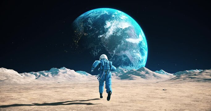 Astronaut Running In Slow Motion On The Moon. Blue Planet Earth Visible. Space Exploration. Lunar Station.