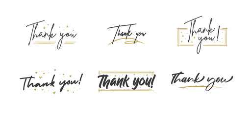Thank you lettering. Black text word with gold stars. Hand drawn message design. Handwritten modern brush typo isolated vector. Scratched calligraphy style.