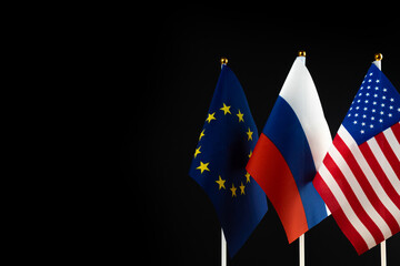 Russia, Europe Union and USA flag on black background. Crisis, sanctions concept. World conflict