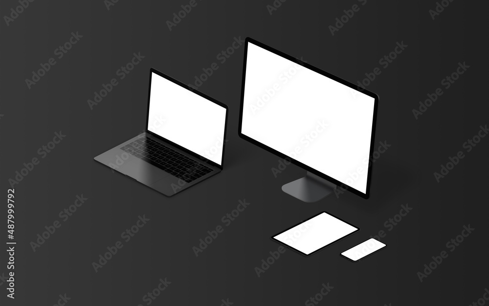 Poster black, low light computer display, laptop, tablet and smart phone mockup isometric position. isolate