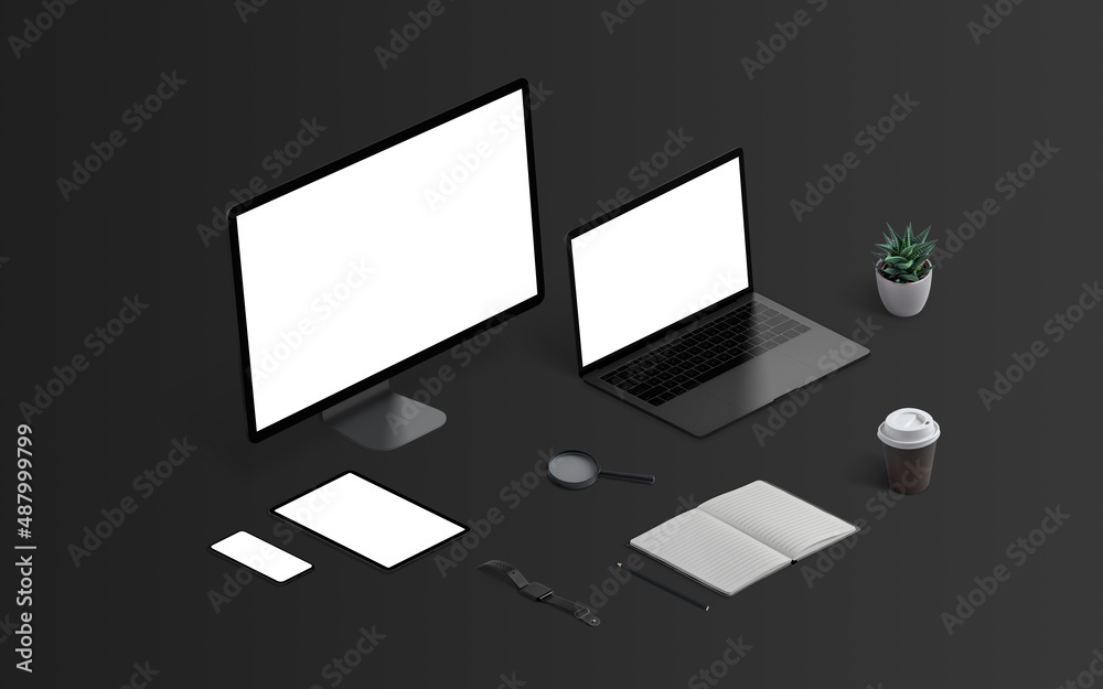 Poster Isometric dark device mockup template for responsive design showcase. Computer display, laptop, tablet and smart phone on black desk. Pad, pen, plant, coffee, wathc beside