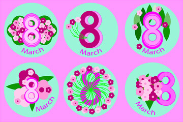 Set of 6 vector holiday greeting icons from March 8th. Minimalist women's day card. Flowers and text on a blue background.