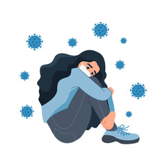 A lonely sad girl is depressed due to isolation during the coronavirus. A girl surrounded by viruses. Stress, depression, crisis. The concept of maintaining mental and physical health - obrazy, fototapety, plakaty