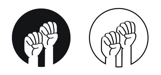 Obraz premium Hand up, protest symbol. Cartoon hands icon or pictogram. Vector freedom outline sign. Fist empowerment. Raised fist symbol, Black lives matter, Revolution movement fight worker