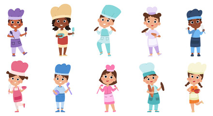 Baby chefs characters, young professionals wear cook uniform. Kids cooking food at kitchen vector illustration set. Lil chefs in uniforms and caps