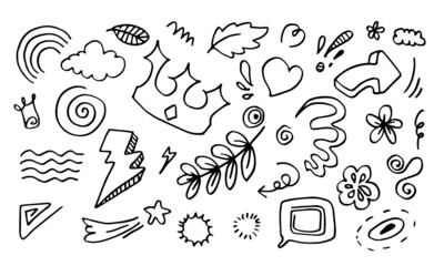 Fototapeta na wymiar Hand drawn set elements, black on white background. Arrow, heart, love, star, leaf, sun, light, flower, crown, king, queen,Swishes, swoops, emphasis ,swirl, heart, for concept design.