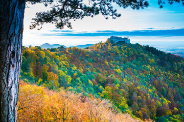 Germany, Panorama view hohenneufen castle in swabian jura on top of a mountain in autumn season next to a tree trunk
