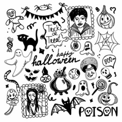 Cute Halloween set. Hand-drawn doodle-style elements. Collection of vector drawings for All Saints' Day: pumpkin, ghost, magic objects, cat, voodoo doll, etc.