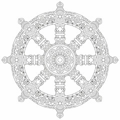 Dharma Wheel or dharmachakra, theach and walk to the path of Nirvana. For coloring - obrazy, fototapety, plakaty