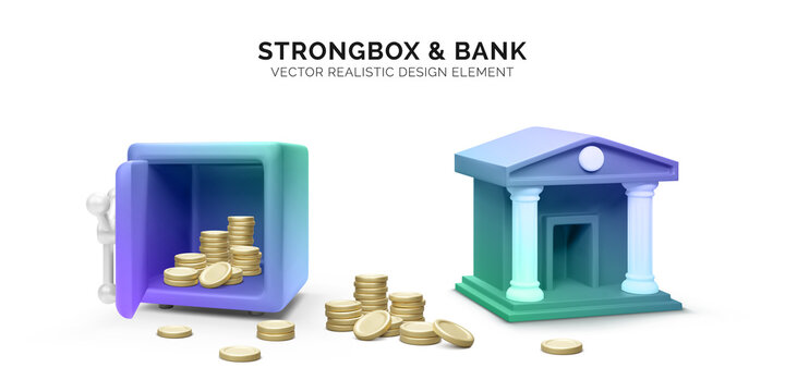 3d bank building and gold with open strongbox. 3d realistic bank icon. Money transaction or savings concept