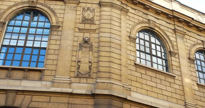 Historic Facade Windows On The World Famous Ecole Polytechnique In Paris, France. Low Angle