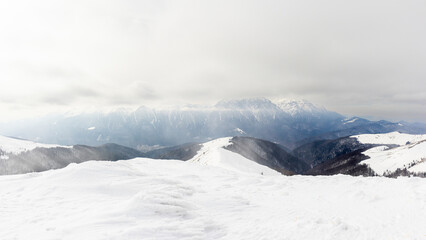 Snow covered mountain peak winter panorama landscape