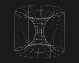 Cyber shape, retro punk design element. Wireframe wave geometry shape on black background. Vector illustration