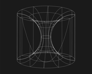 Cyber shape, retro punk design element. Wireframe wave geometry shape on black background. Vector illustration