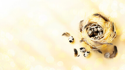 Minimal easter composition on banner. Nest with easter eggs and feathers on bright shiny yellow background close up. Flat lay with copy space.