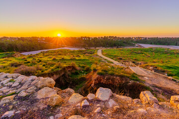 Sunset view of ancient ruins and countryside in Tel Lachish