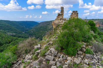 Fototapeta na wymiar Crusader Montfort Castle, Kziv stream valley, and the Mediterranean Sea