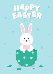 Easter greeting card. Cute white bunny looks out of the decorated egg. Easter rabbit. Template for greeting card, invitation, poster and banner.