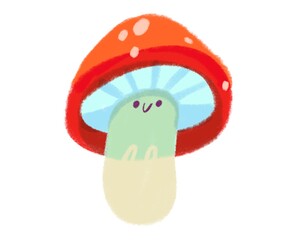 Mushroom single element for stickers, print, dairy, notebooks, washi tapes, greeting card. Cute children illustration on white background with fly agaric, amonita with smiling face and hat with dots.