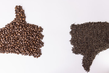 On a white background,human hands are lined with tea leaves and coffee