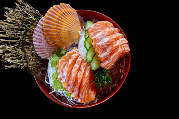 Die cut of fresh sasimi salmon Popular Japanese food on black isolated