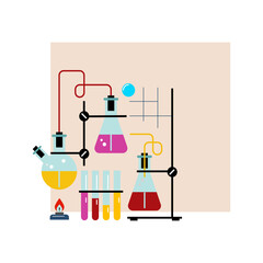 Beaker and burner types set. Laboratory glassware for chemical, medical and scientific research and experiments. Vector cartoon icons isolated on background.