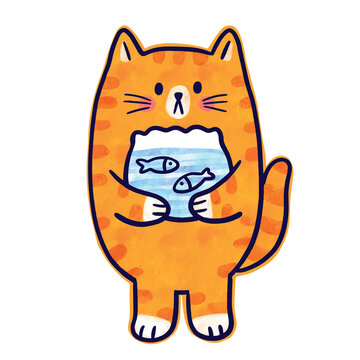 Watercolor cartoon cute cat and fish bowl vector.