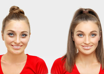 The Secret of Makeup. Before- After,Portrait of beautiful girl  with problem and clear skin 