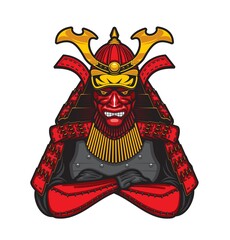 Japanese samurai warrior mascot or tattoo, isolated vector emblem with japan soldier in traditional red clothes, armor and helmet with gold decorative elements. Asian culture, shogun male character