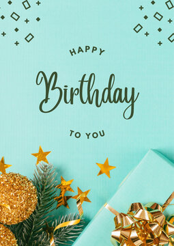 happy birthday to you on a turquoise background card with gold sequins