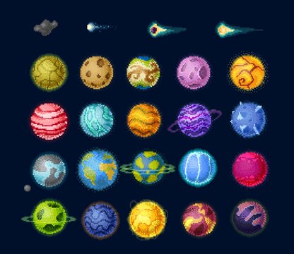 Pixel game space planets and stars, asteroids and comets. Vector 8bit solar system and fantasy objects, retro graphic. Sci-fi astronomical colorful planets, meteors and stars in galaxy isolated set