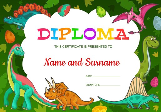 Kids diploma cartoon dinosaur reptiles in jungle. Cute vector dino characters, prehistoric funny dragons, palm leaves and colorful eggs. School certificate for baby with Jurassic period wild animals