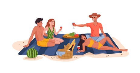 Young couples on a beach picnic. People resting and relaxing on beach, eating snacks, drinking wine and chatting on sea shore. Happy men and women having picnic on summer vacation or holidays travel
