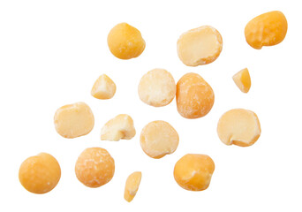 Peas yellow split falling on a white background, cut. Isolated