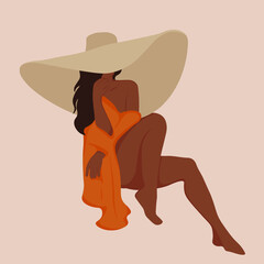 The girl on the beach is sunbathing in a Panama hat. Vector illustration, isolated. 