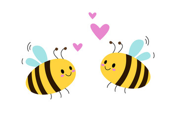 Cute bee cartoon and heart sign symbol on white background