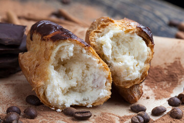 custard cake with cream, chocolate and other sweets