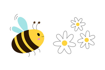 Cartoon bee with flowers. Isolated cute illustration. 