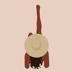 The girl on the beach is sunbathing in a Panama hat. Vector illustration, isolated. 