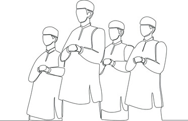 Image of a group of men praying together. Muslim family. Ramadan activity. Vector illustration. Muslim. Ramadan.
