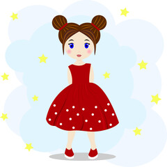 Cute little girl with brown hair in a red dress with white polka dots