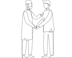 Two people shake hands and forgive each other in the month of Ramadan. Muslim family. Ramadan activity. Vector illustration. Muslim. Ramadan.