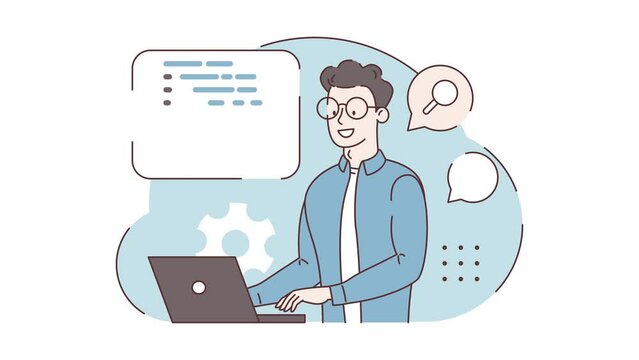 Programmer. Concept of script coding, programming. A programming language. Programmer working on web development on computer. Software developers. Workplace of the programmer. 2d flat bright animation